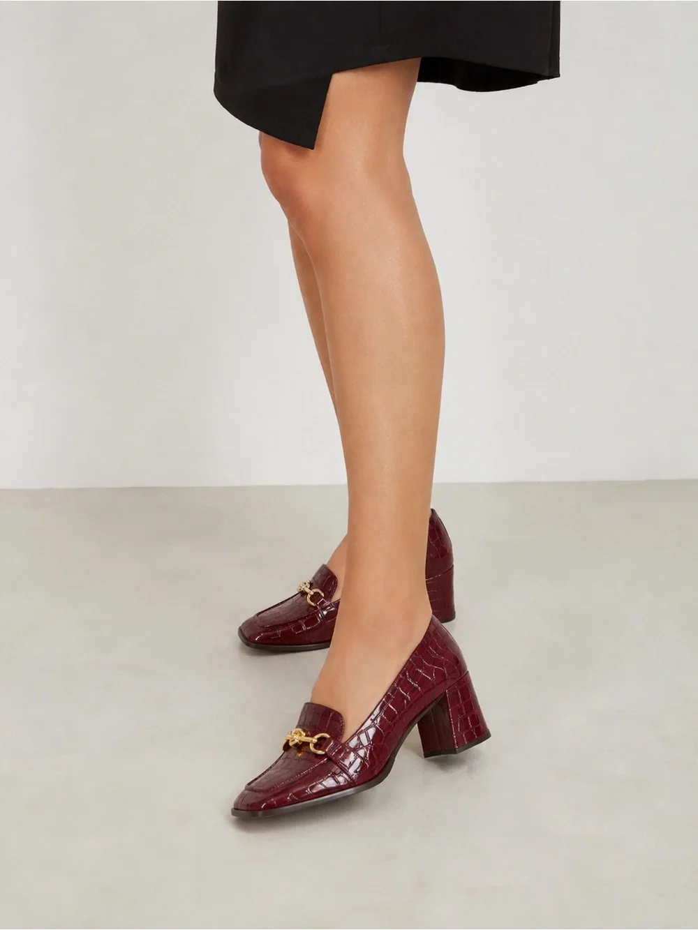 ANTONIO MELANI Burgundy Croc-Embossed Block Heel Loafers with Gold Bit